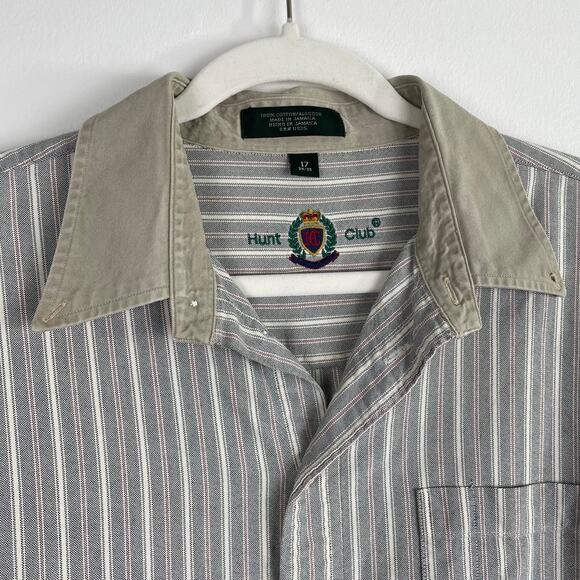 Vintage 90s Mens Striped Button Up Shirt 17 Green Tan Contrast Collar Retro Prep - Picture 13 of 16